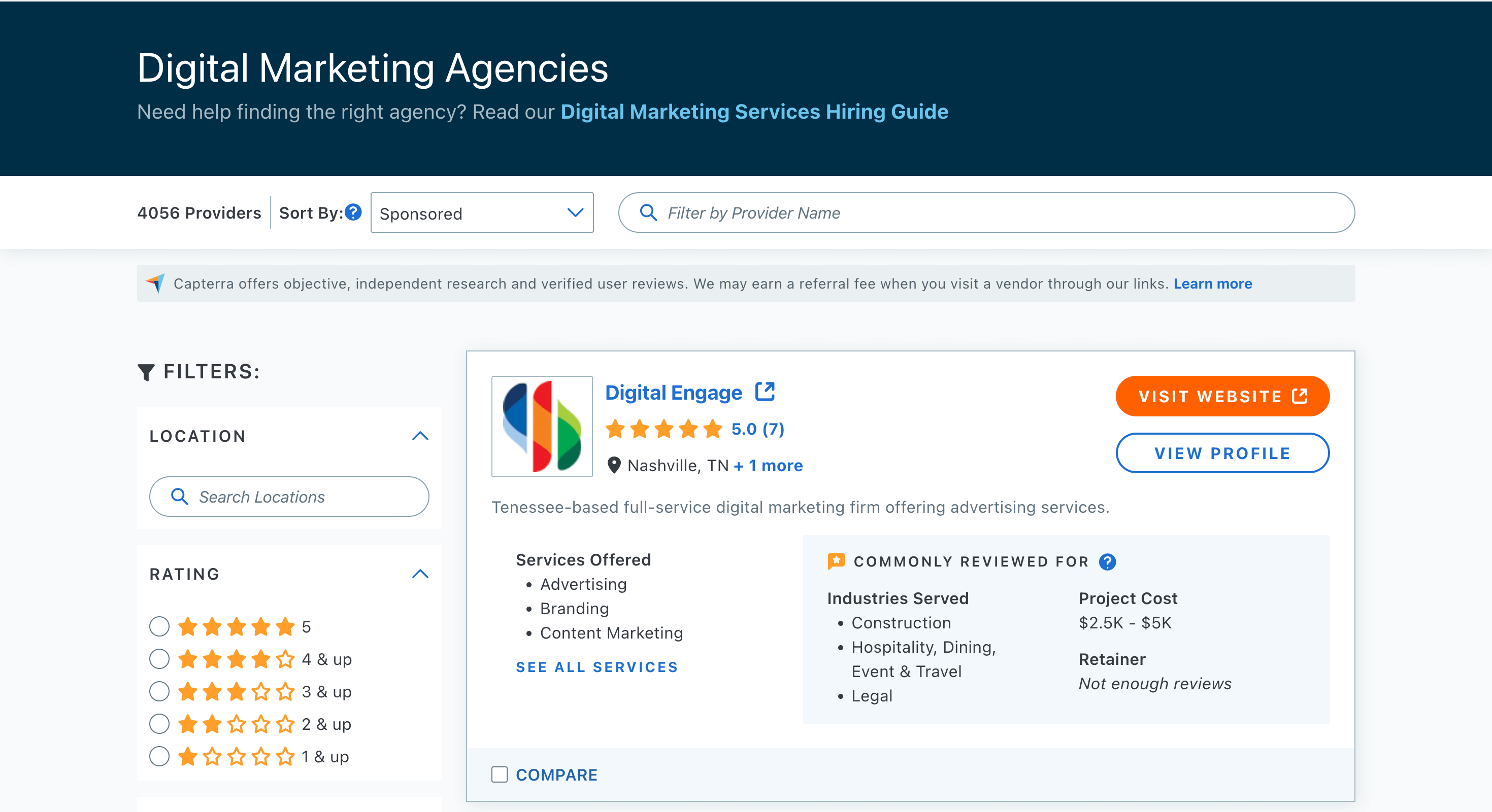 Search results for digital marketing agencies, showing Digital Engage with a 5-star rating, based in Nashville, TN, offering advertising and branding services.