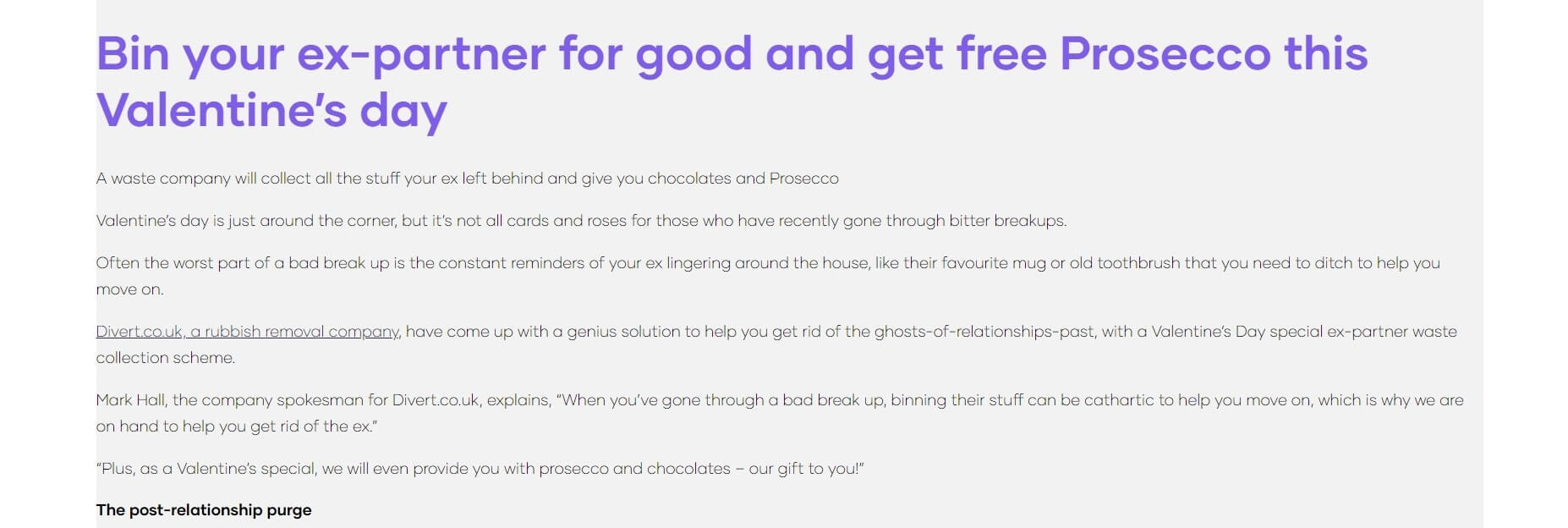 Advertisement for a waste removal company offering to collect ex-partner's belongings and provide free Prosecco and chocolates on Valentine's Day.