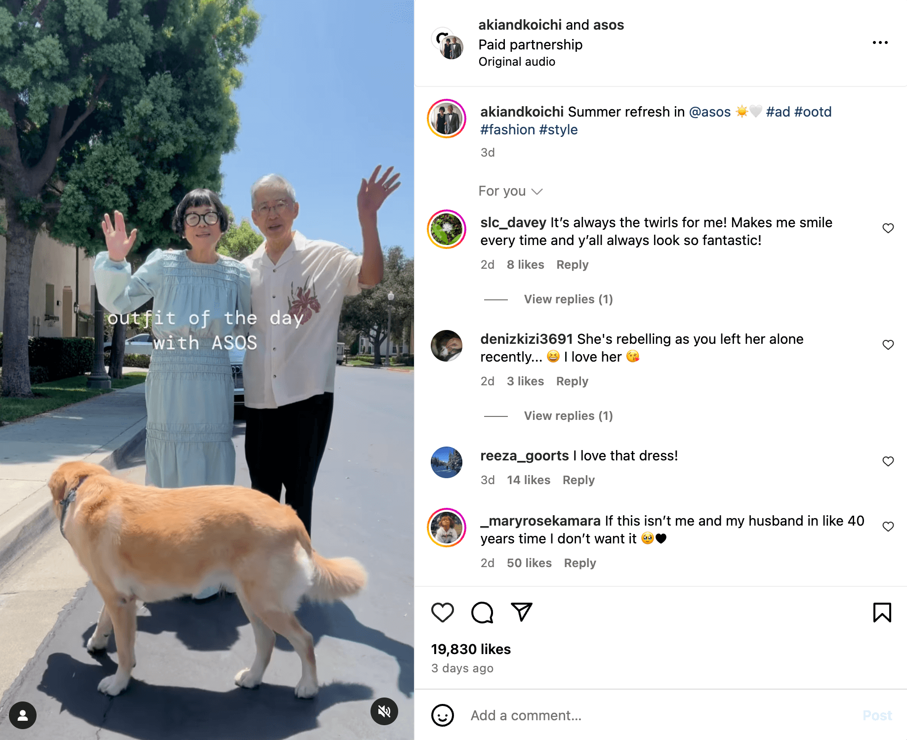 Instagram post featuring an elderly couple posing with their dog for an "Outfit of the Day" partnership with ASOS, showcasing summer fashion.