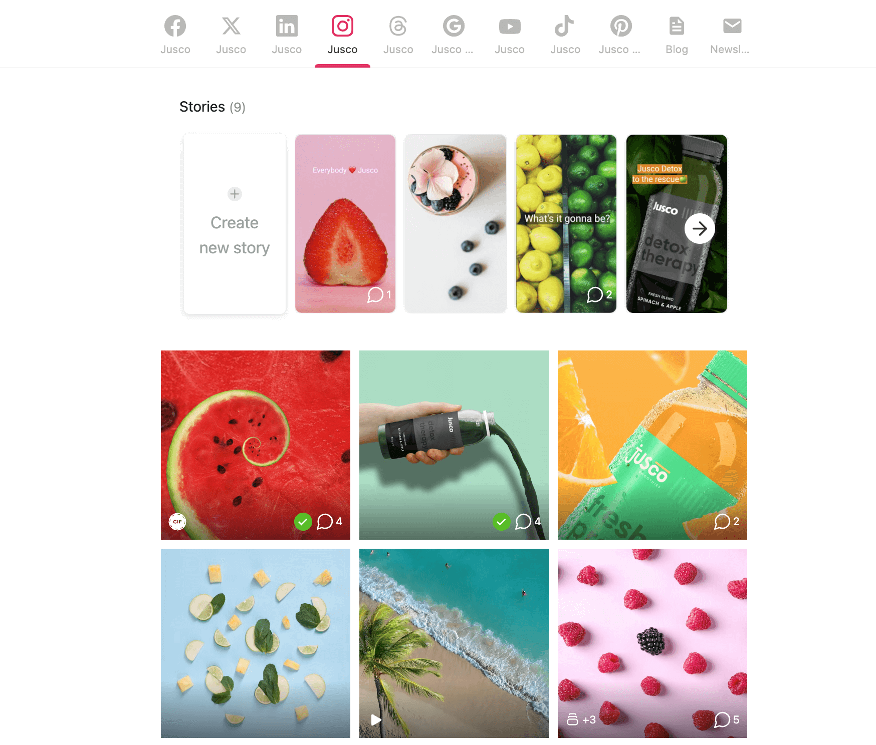 Instagram grid view in Planable with stories and posts featuring colorful fruit drinks and fresh fruits arranged artistically