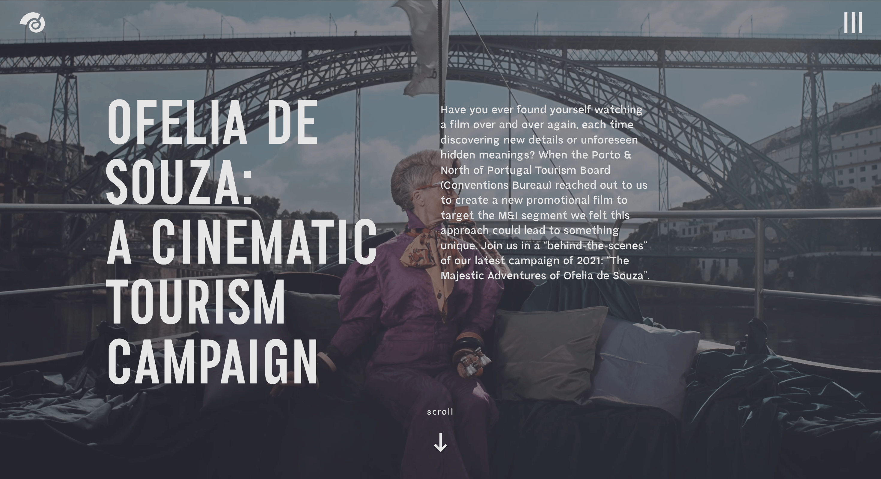 An elegant older woman in purple attire sits on a boat, promoting a cinematic tourism campaign in Portugal for Ofelia de Souza.