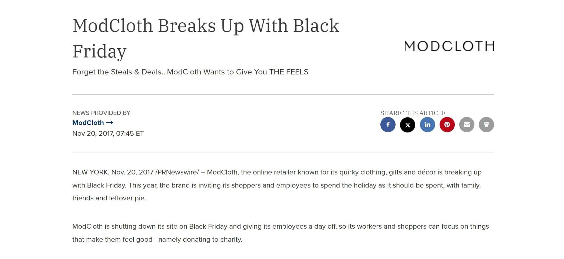 ModCloth announces it will close on Black Friday, giving employees a day off to focus on charity and family instead of shopping.