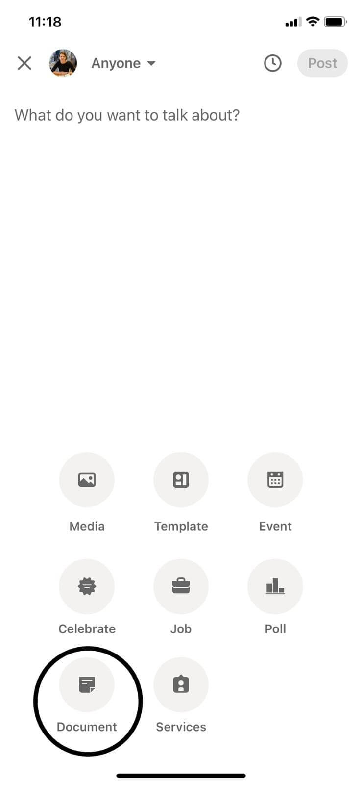 LinkedIn mobile post creation screen with options to add media, templates, events, and more, with the "Document" option circled.
