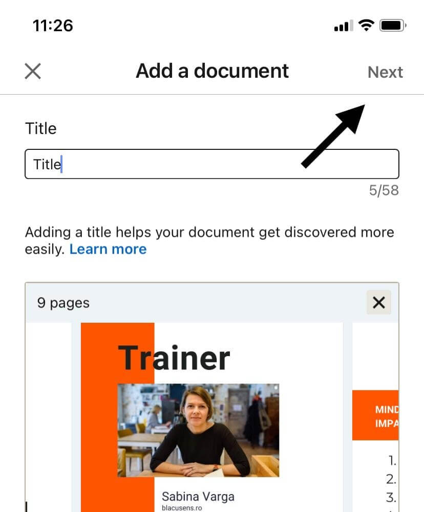 LinkedIn mobile interface for adding a document title, with a preview of a 9-page document titled "Trainer" featuring a woman seated at a desk.