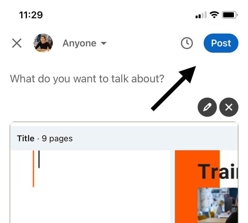 LinkedIn mobile post creation screen with a 9-page document preview attached, featuring the title section and an option to post.