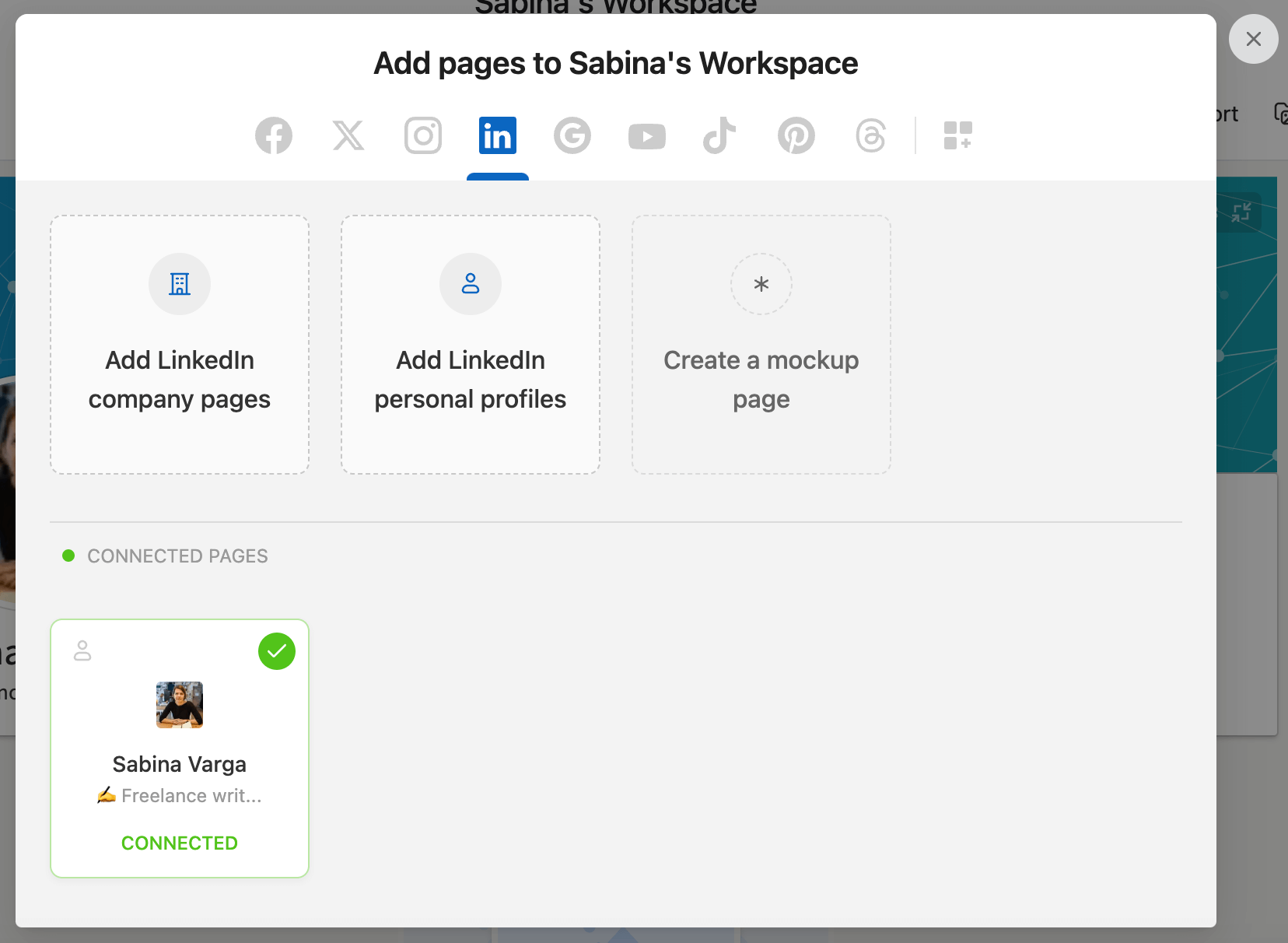 Interface for adding pages to Sabina's Planable workspace, with options to add LinkedIn company pages, personal profiles, or create a mockup page. Sabina's LinkedIn profile is connected.