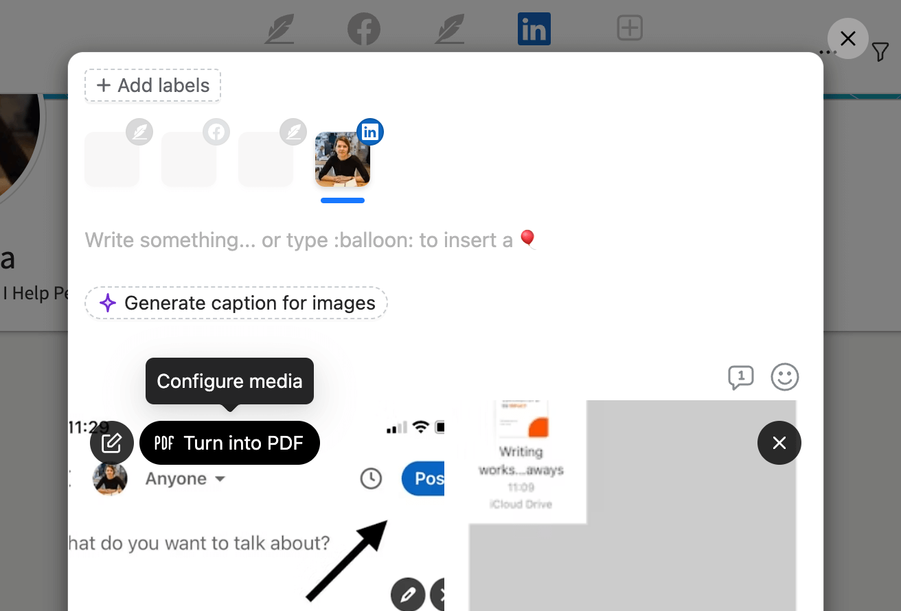 LinkedIn post creation window in Planable with options to generate captions for images or turn the media into a PDF, along with media configuration tools.