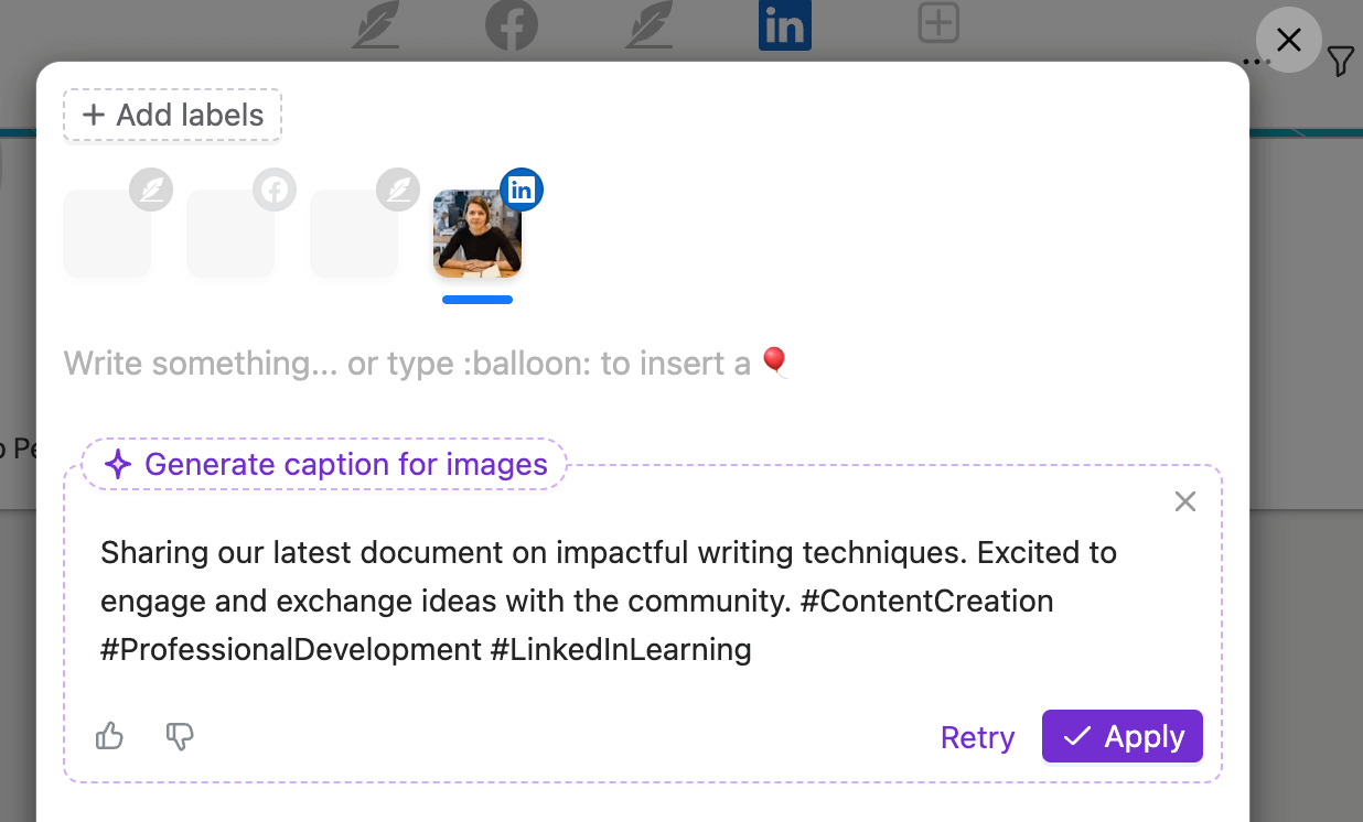 LinkedIn post creation window in Planable showing a generated caption for images, mentioning a document on writing techniques, along with relevant hashtags and an option to apply the caption.