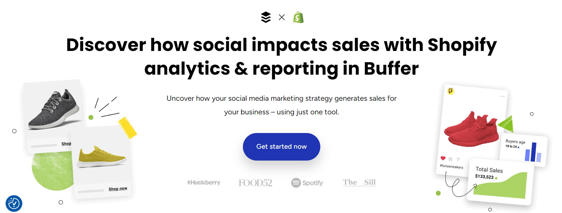 Buffer and Shopify integration page highlighting social media's impact on sales, featuring product posts and sales analytics for sneakers.