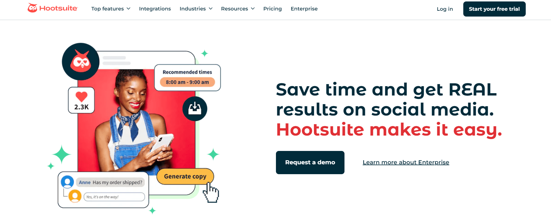 Hootsuite homepage showing a woman using a phone, with social media metrics and scheduling tools promoting efficiency in social media management.