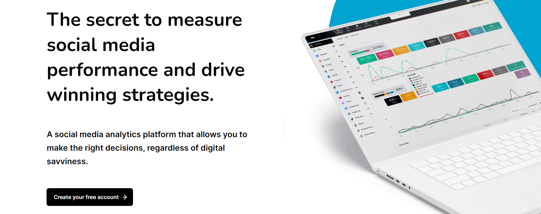 Social media analytics platform promoting tools to measure performance and develop winning strategies, featuring a laptop with analytics graphs.