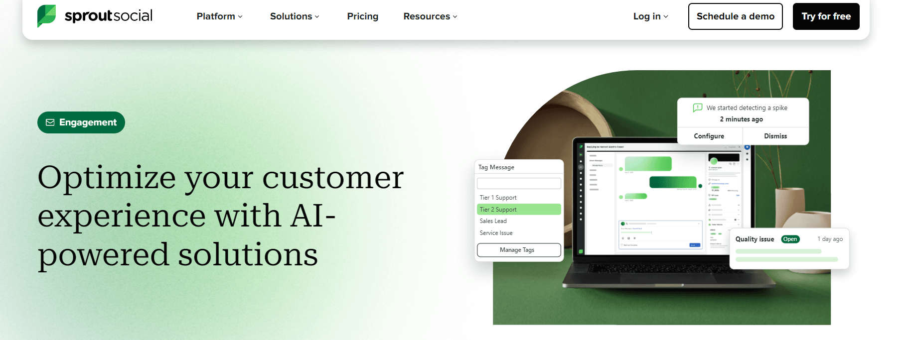 Sprout Social homepage showcasing AI-powered customer engagement tools, featuring real-time issue detection and message tagging for support.