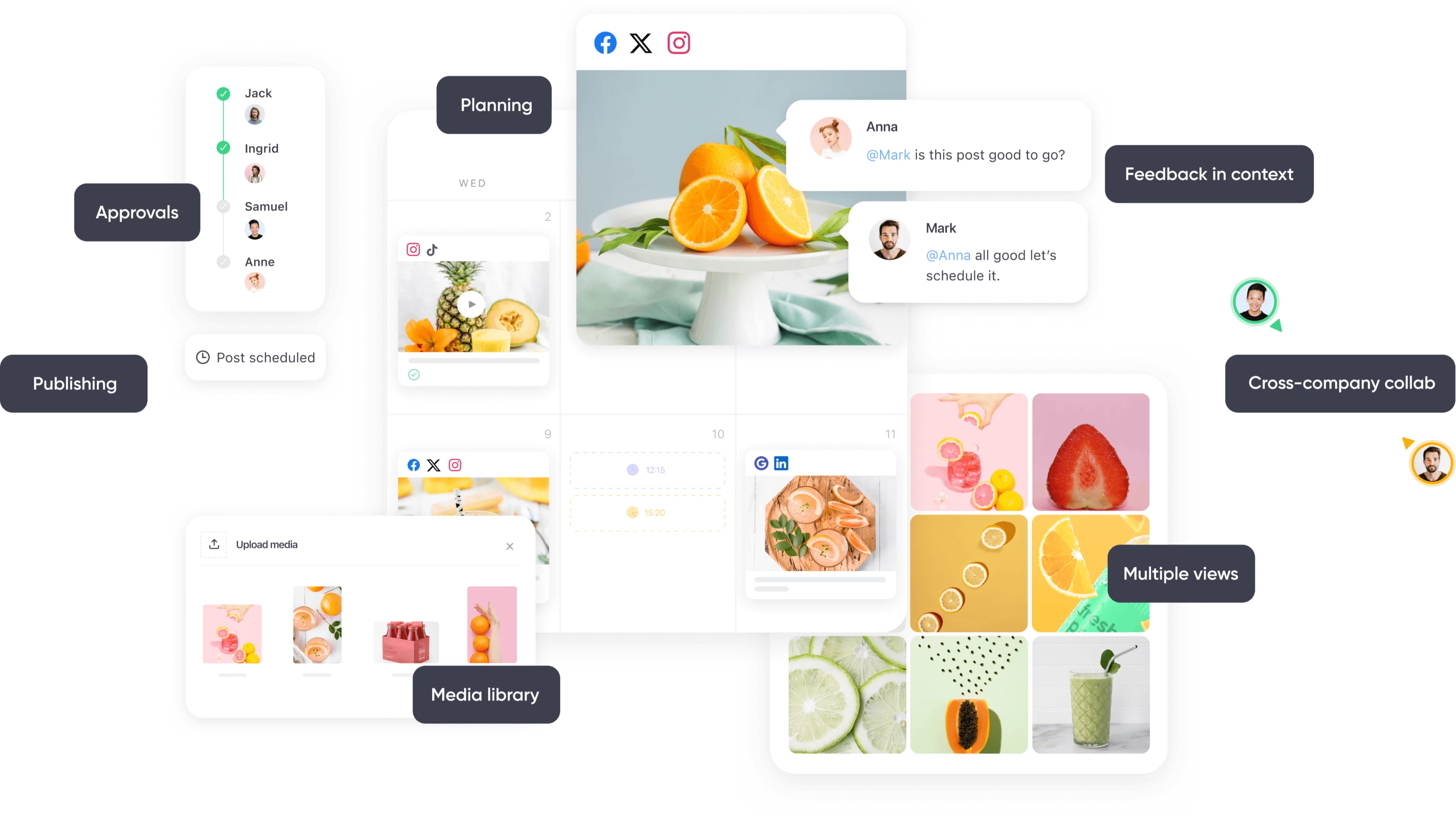 A visual graphic of Planable's key features showcasing content planning, approvals, scheduling, feedback, and media library tools.