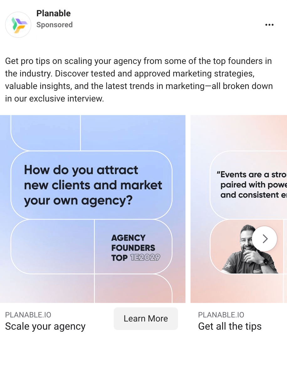 Sponsored ad by Planable offering marketing strategies and tips from top agency founders to help scale and market agencies effectively.