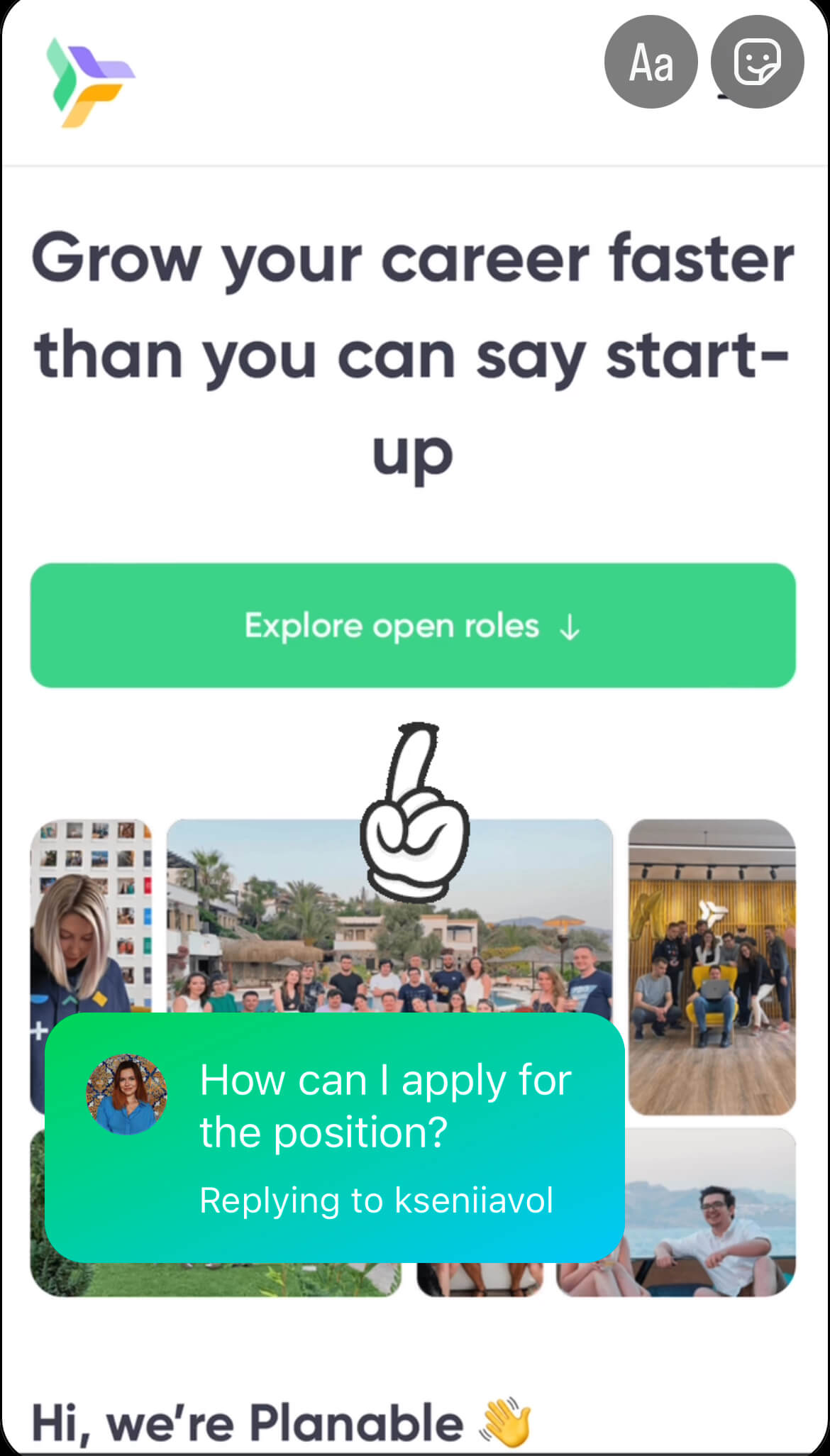 Job recruitment page from Planable encouraging users to "Explore open roles," with a question overlay asking how to apply for a position.