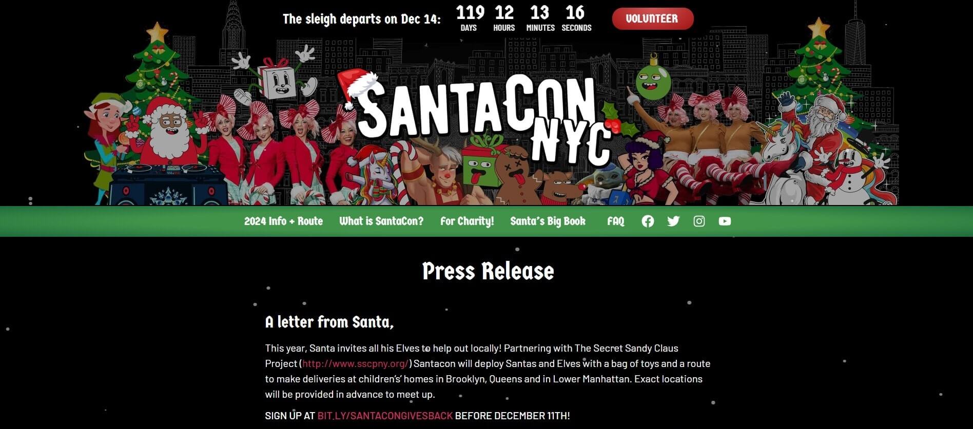 SantaCon NYC 2024 event page featuring festive characters and countdown to December 14, highlighting charity partnership with Secret Sandy Claus Project.