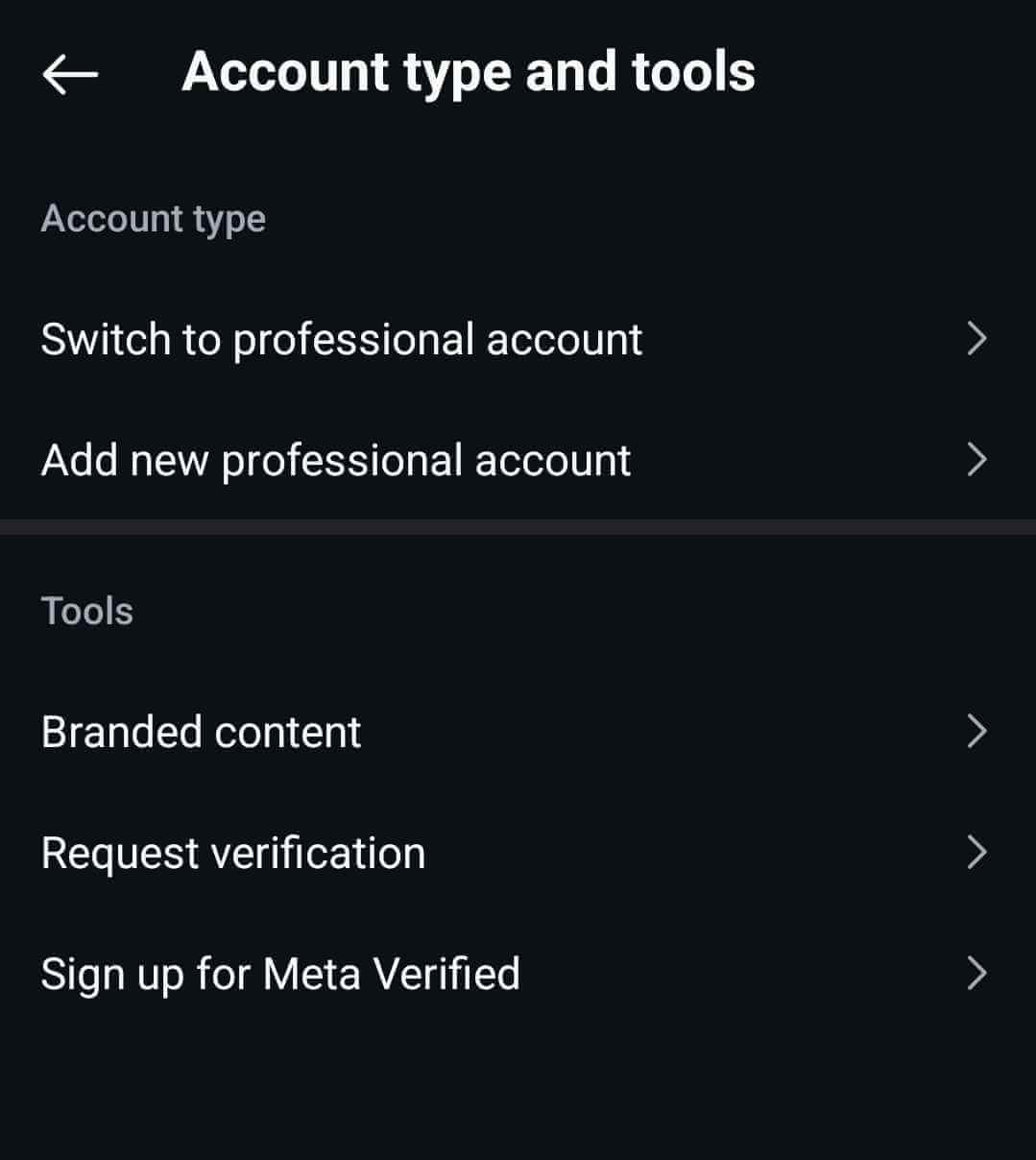 Instagram account settings showing options to switch to or add a professional account, manage branded content, request verification, and sign up for Meta Verified.