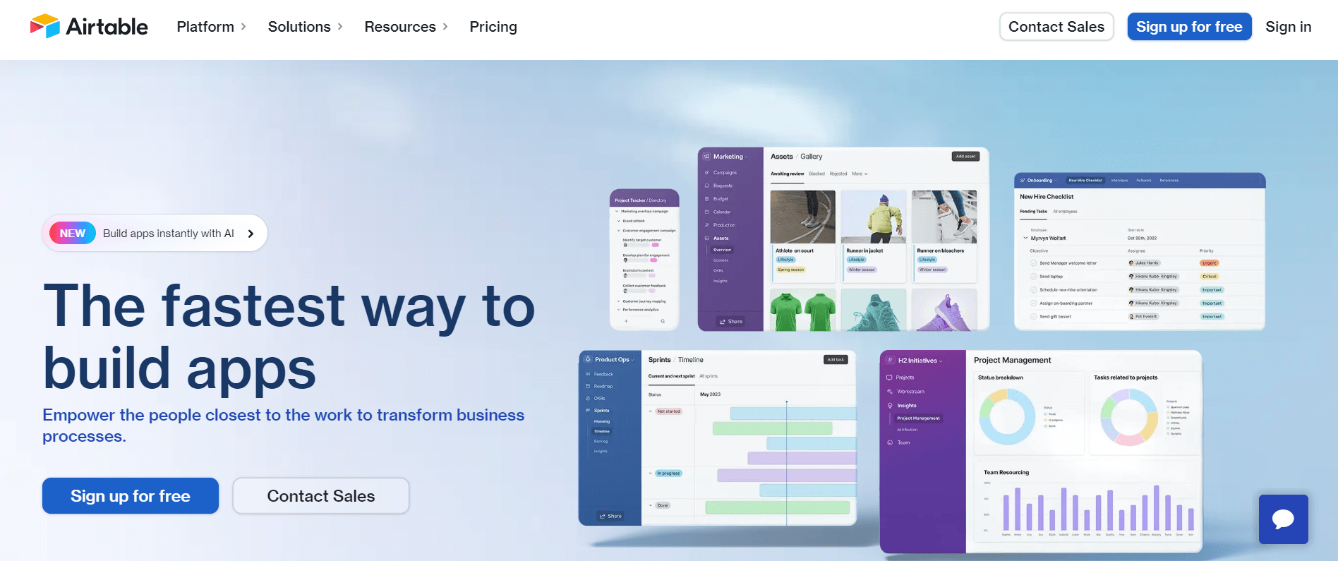 Airtable homepage promoting its platform as the fastest way to build apps, featuring tools like project tracking, asset management, and new hire checklists.