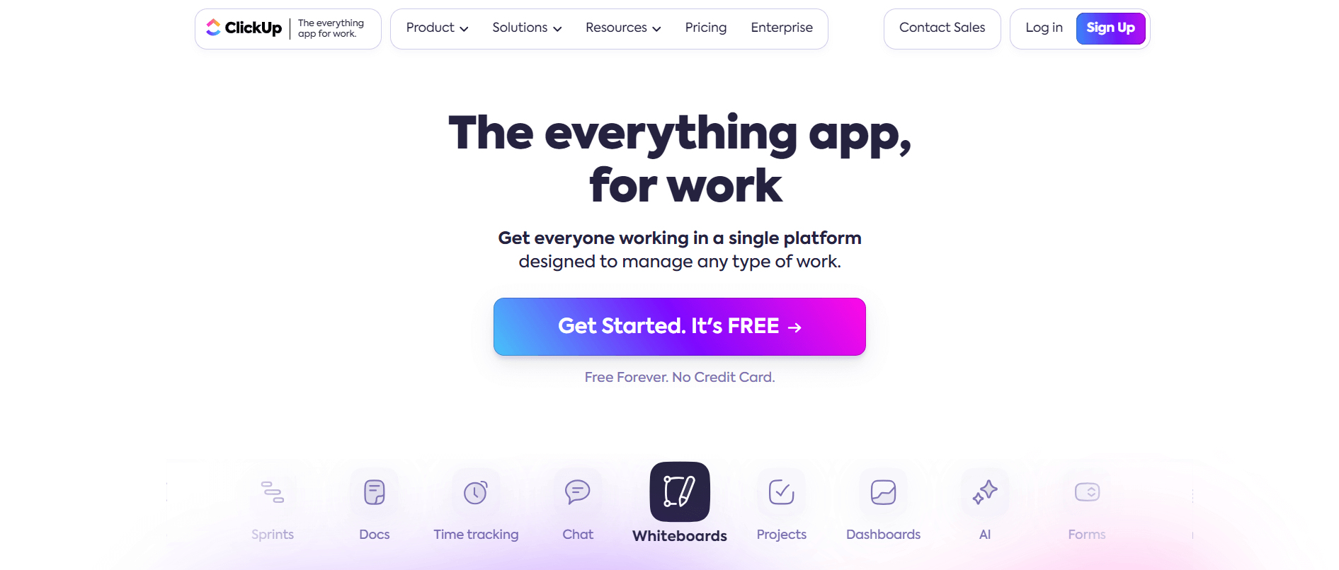 ClickUp homepage promoting its platform as "the everything app for work," offering tools like docs, time tracking, whiteboards, and dashboards.