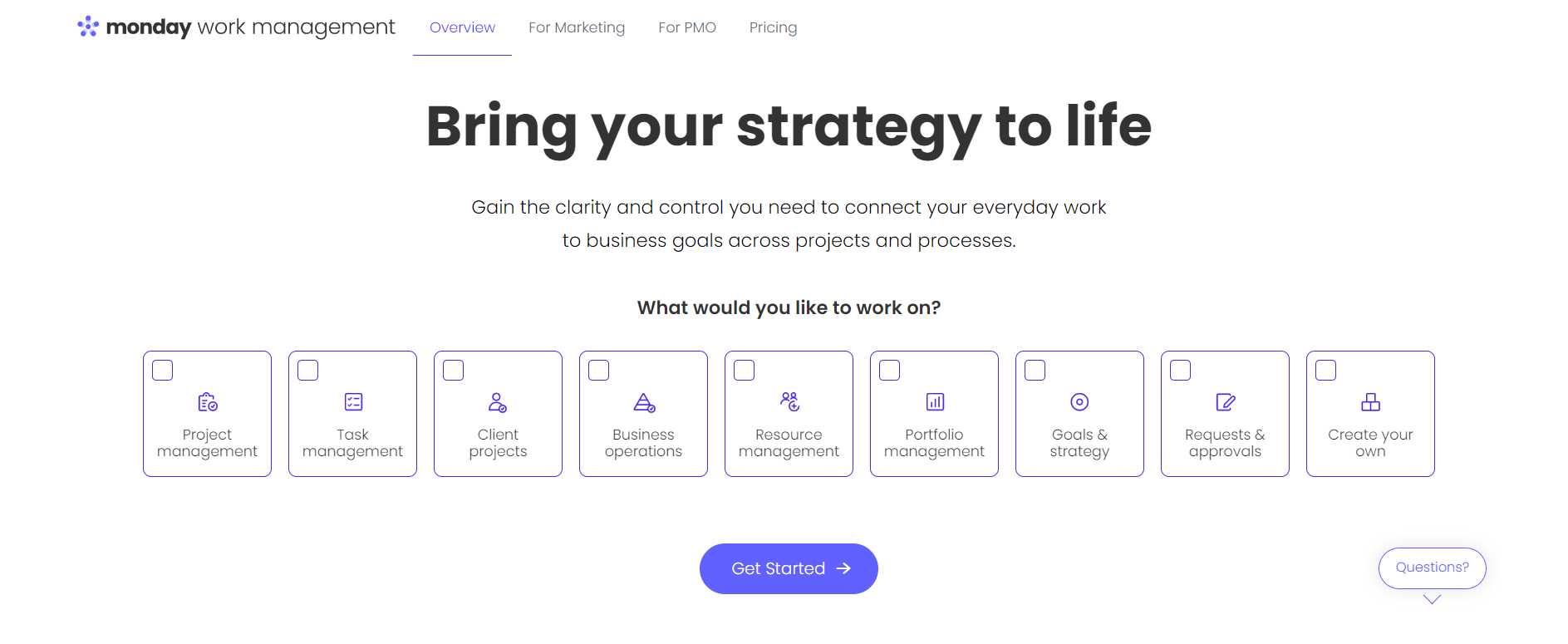 Monday.com work management homepage highlighting tools for project management, task tracking, resource management, and portfolio management, helping align work to business goals.