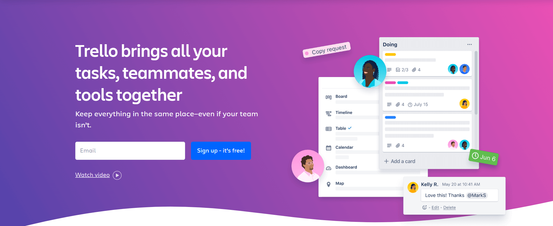 Trello homepage showcasing task management features with illustrations of teammates and a project board. Sign-up form displayed on the left.