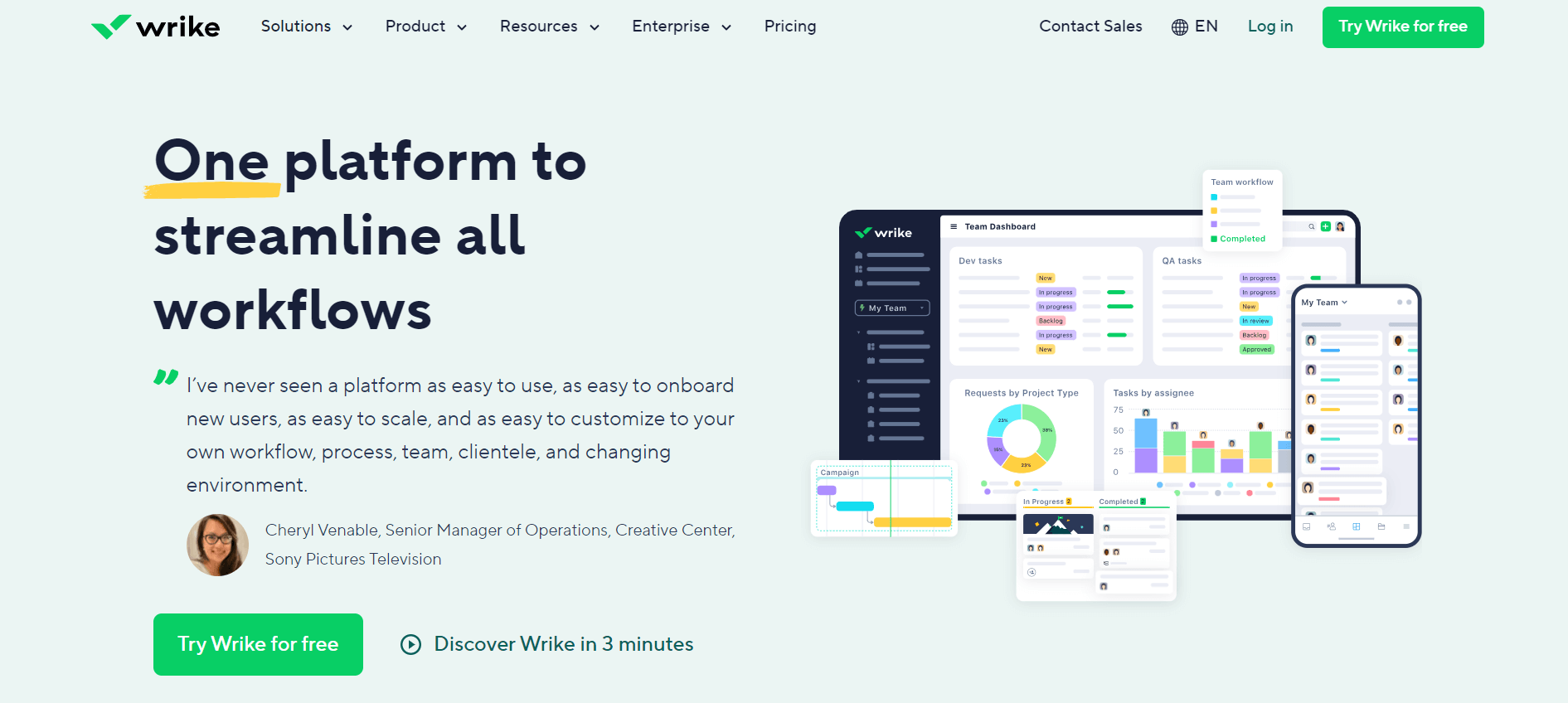 Wrike homepage showcasing its platform for streamlining workflows, with features like team dashboards, task management, and project tracking tools.