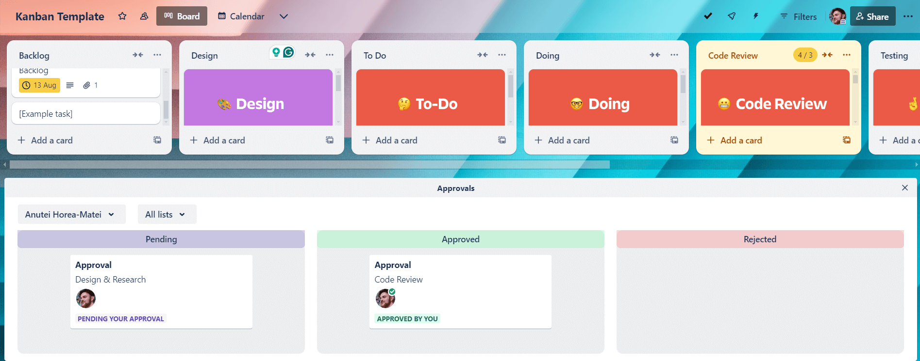 Kanban board template in Trello displaying task stages such as backlog, design, to-do, doing, and code review, with an approval section showing pending and approved tasks.