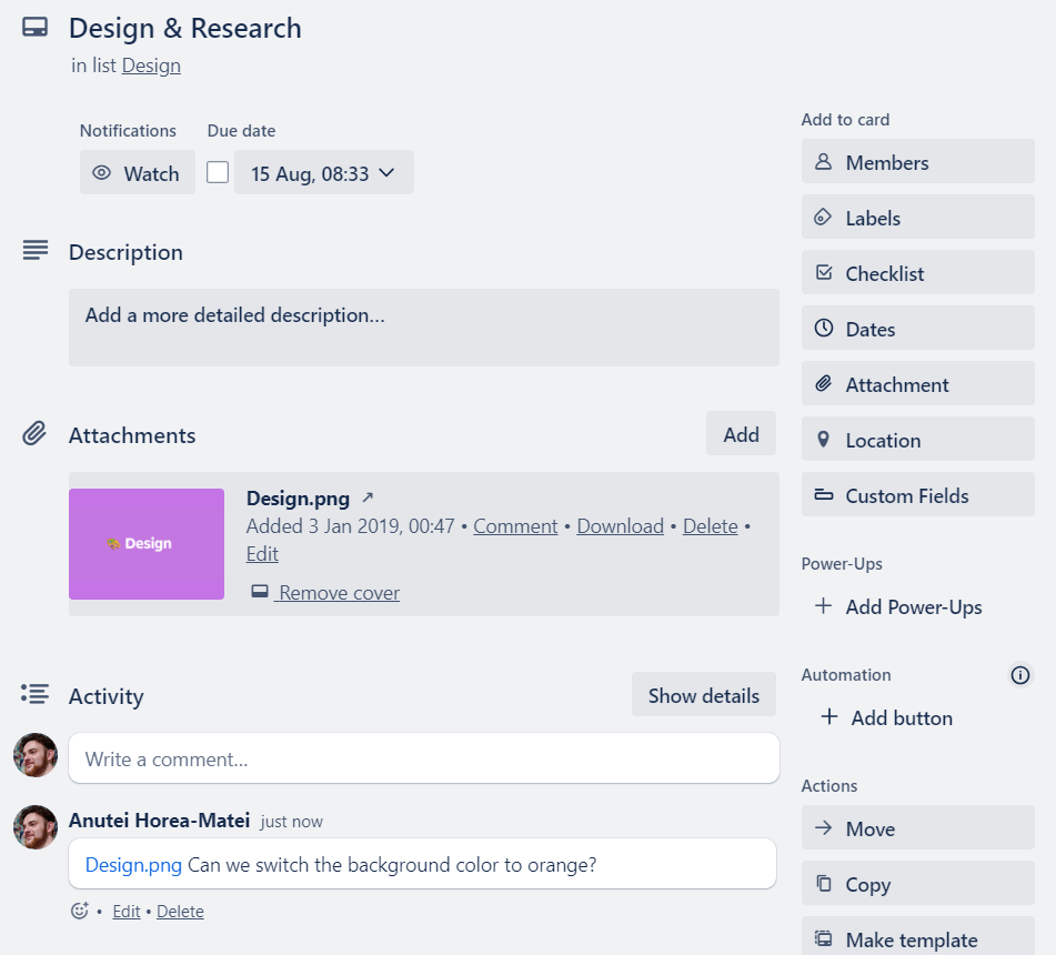 Task card in Trello titled "Design & Research" with due date, description, attachment, and a comment requesting a background color change to orange.