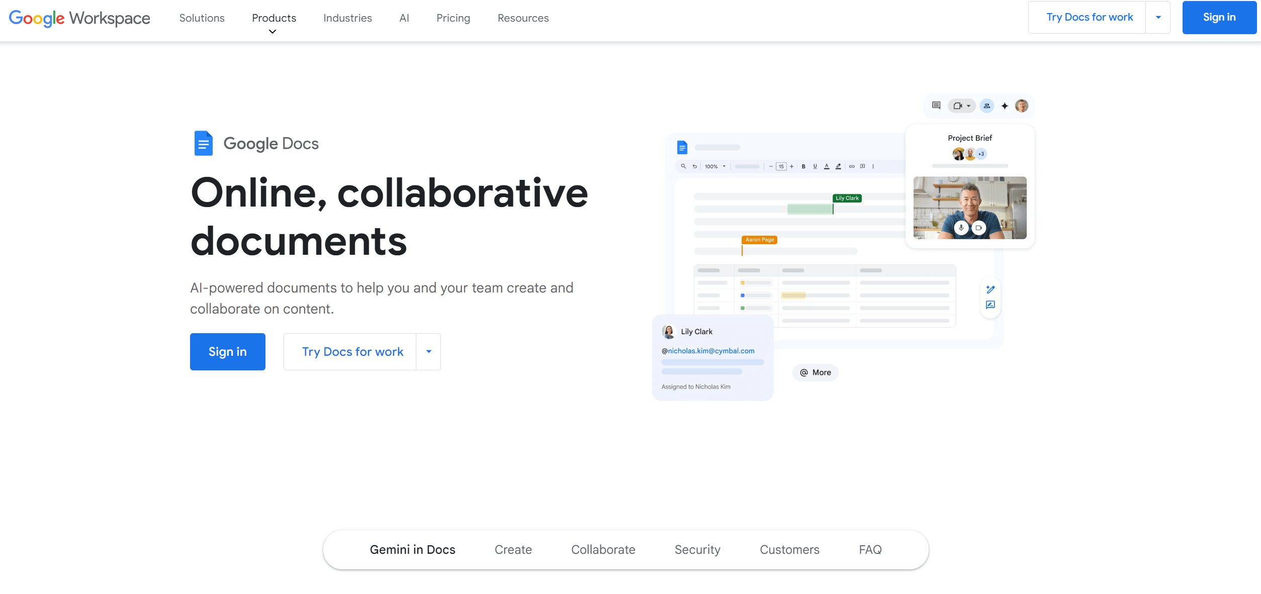 Google Docs homepage highlighting online collaborative document creation with AI-powered features for teamwork and content management.