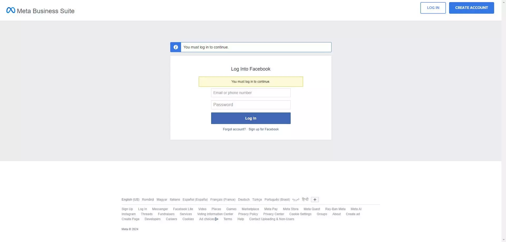 Meta Business Suite login page prompting users to sign into Facebook to continue, with options to log in or create a new account.