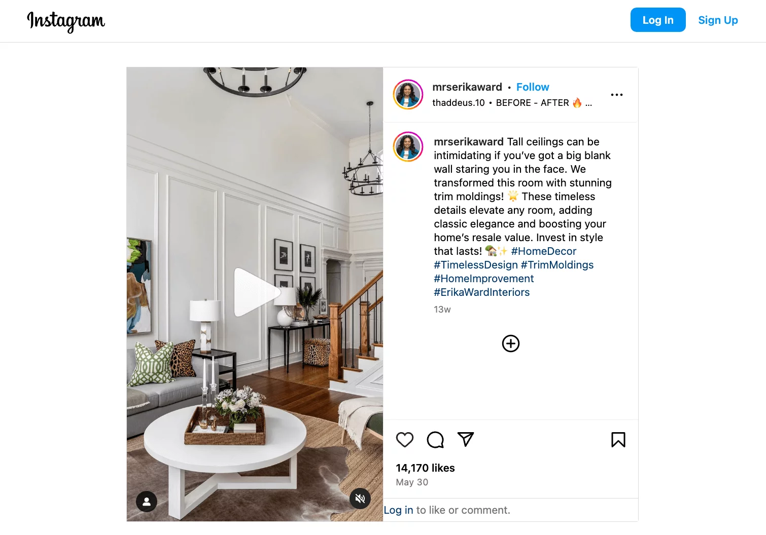 Living room transformation featuring tall ceilings and elegant trim moldings, shared by @mrserikaward, highlighting home improvement and interior design.