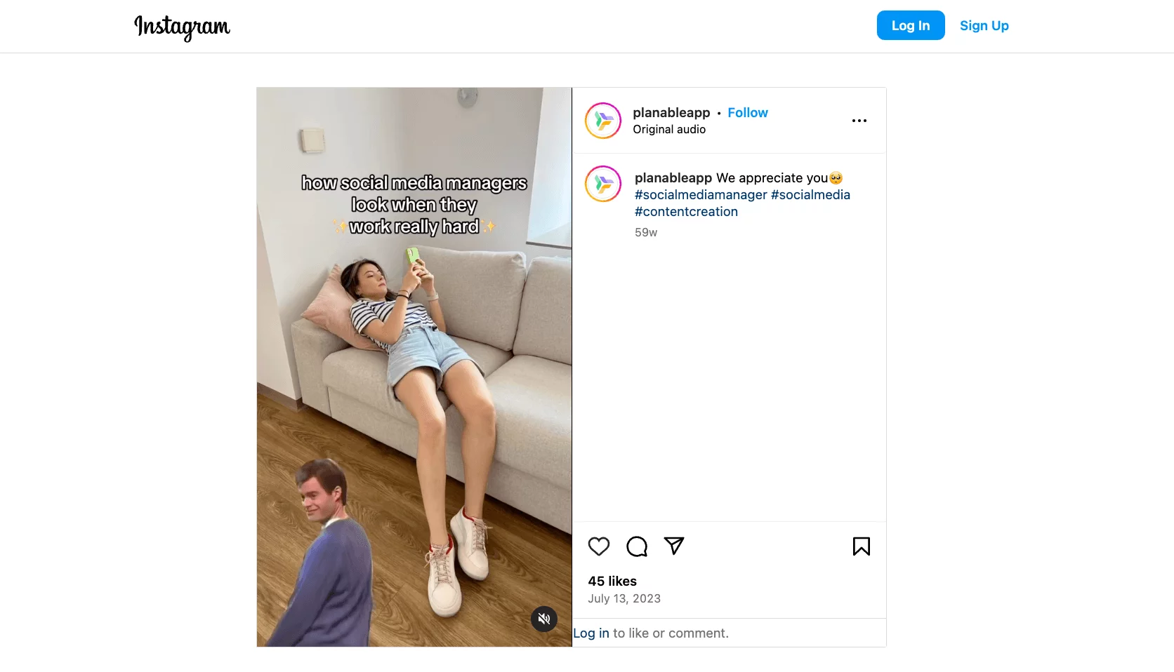 A social media manager lounging on a couch while using a phone, with a humorous caption about working hard, shared by Planable.