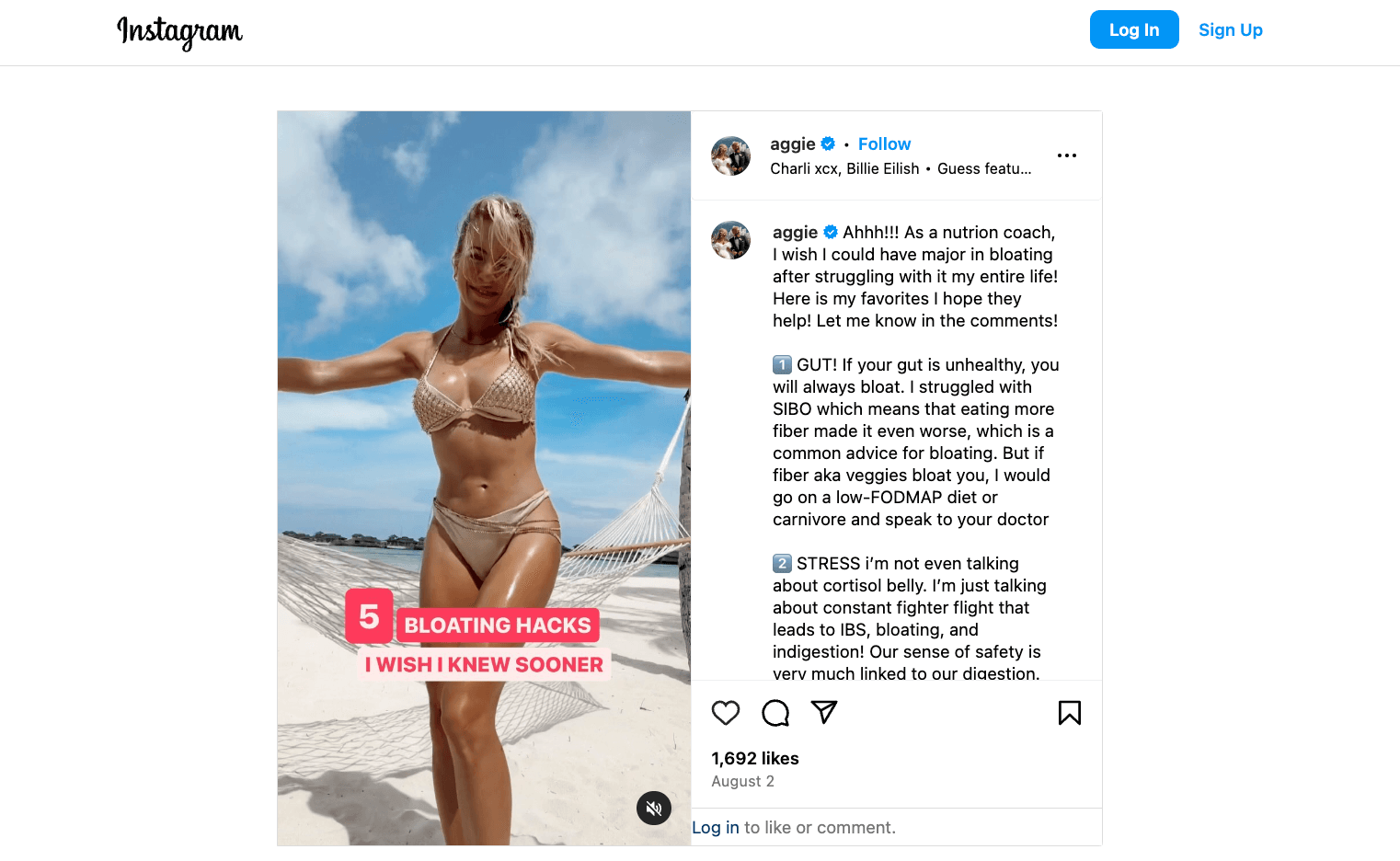 A woman in a bikini sharing five bloating hacks on a beach, accompanied by a detailed caption from a nutrition coach discussing gut health and stress management shared by aggie.