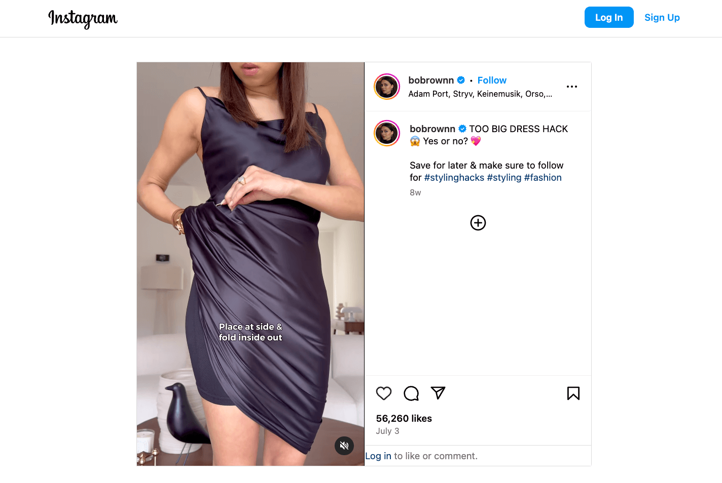 A woman demonstrating a fashion hack to adjust a dress that's too big by folding and tucking fabric at the side for a better fit shared by bobrownn.