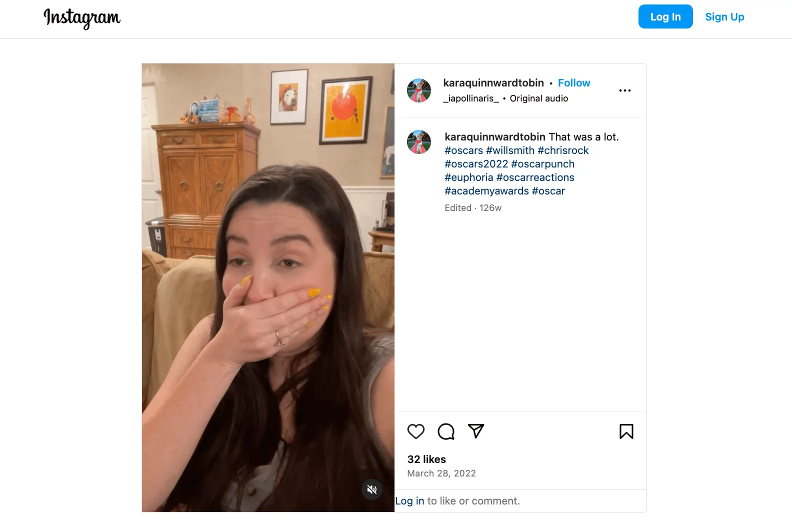 karaquinnwardtobin's IG reel reacting with shock, covering her mouth, in response to the 2022 Oscars incident involving Will Smith and Chris Rock.