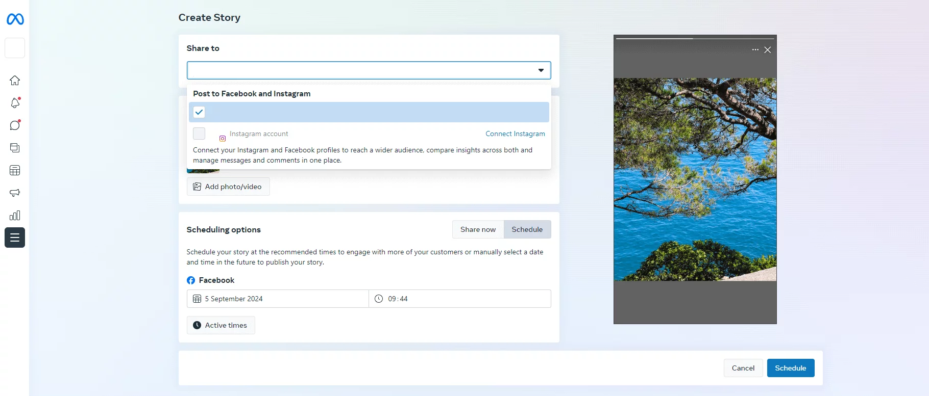 Meta Business Suite "Create Story" interface with options to post on Facebook and Instagram, add media, and schedule the story for a future date.