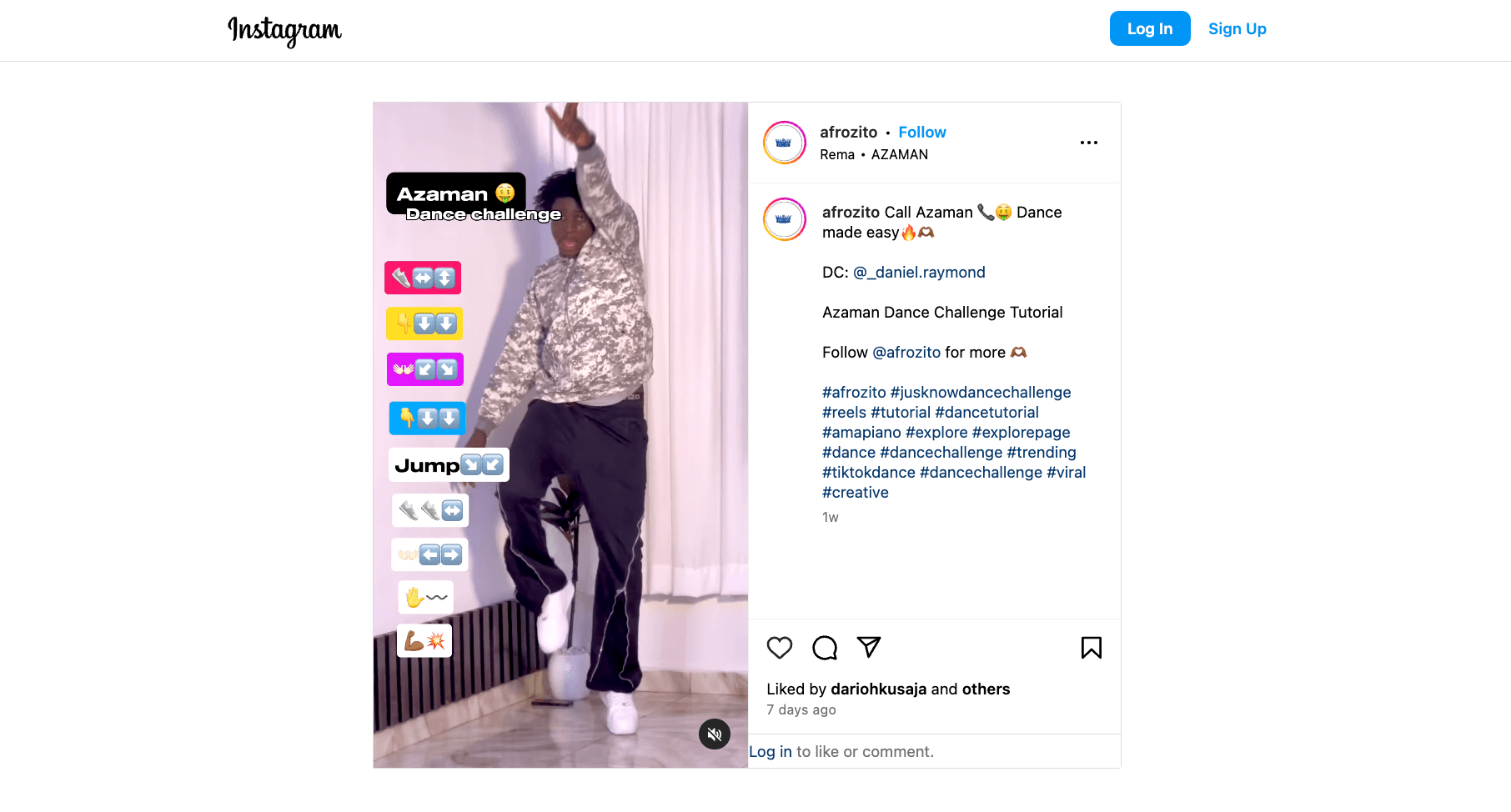 afrozito's IG reel showing a dancer performing the Azaman Dance Challenge in a tutorial video, with step-by-step emoji instructions displayed on the left side.