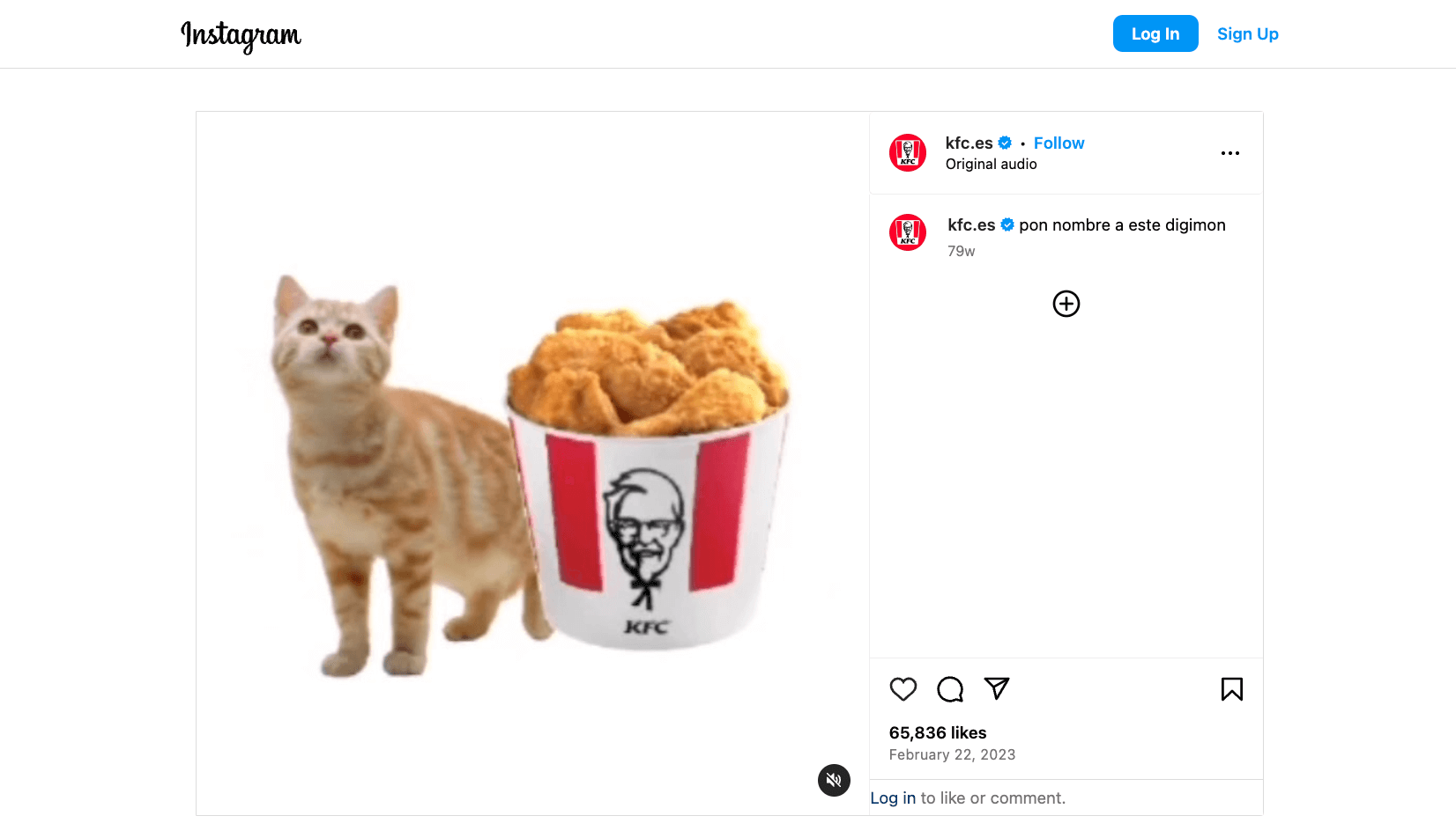 kfc.es's IG post about a cat next to a KFC bucket of fried chicken with the caption asking followers to name this "Digimon" character.