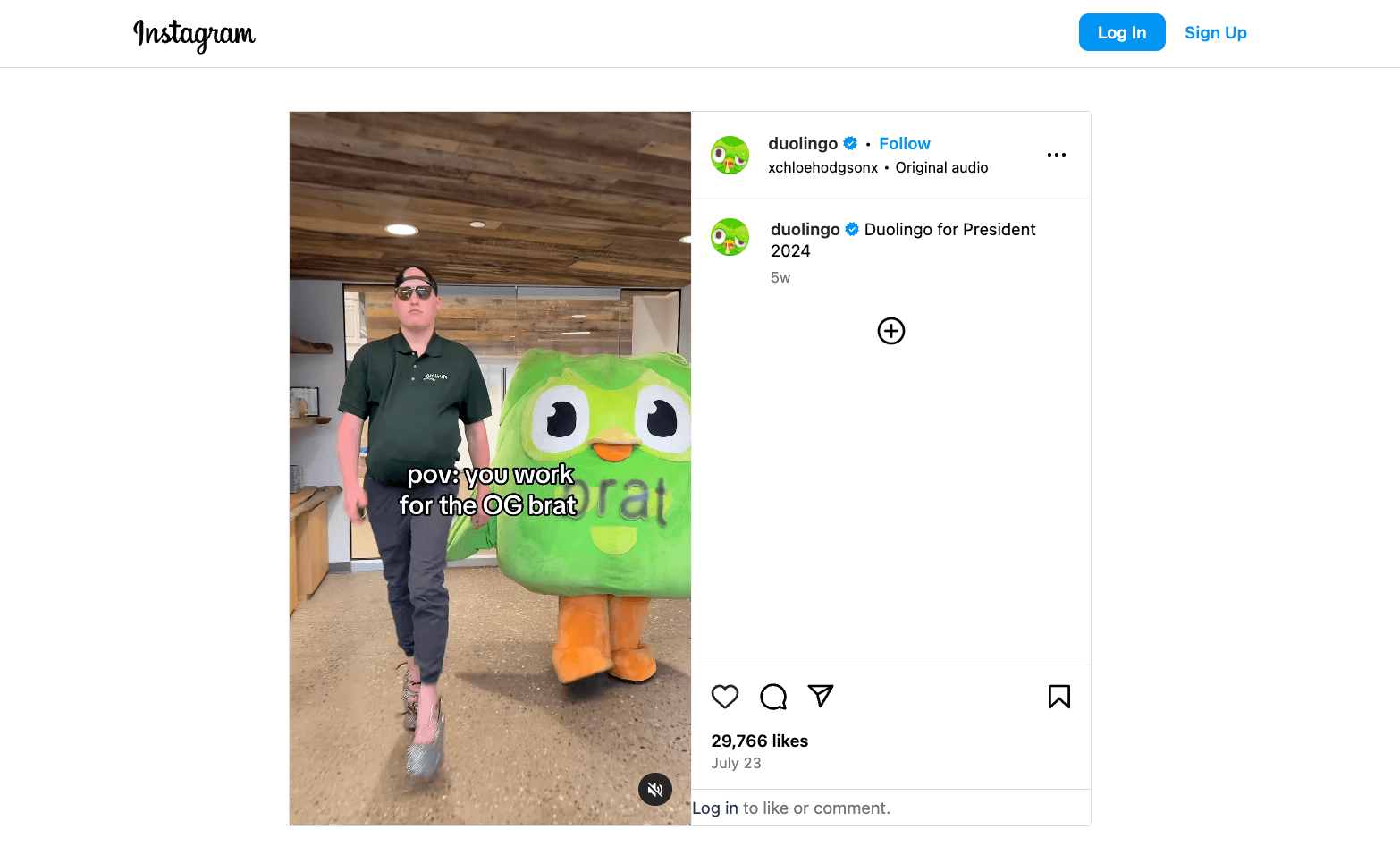 A Duolingo employee confidently walks alongside the Duolingo mascot in a playful video with the caption "Duolingo for President 2024."