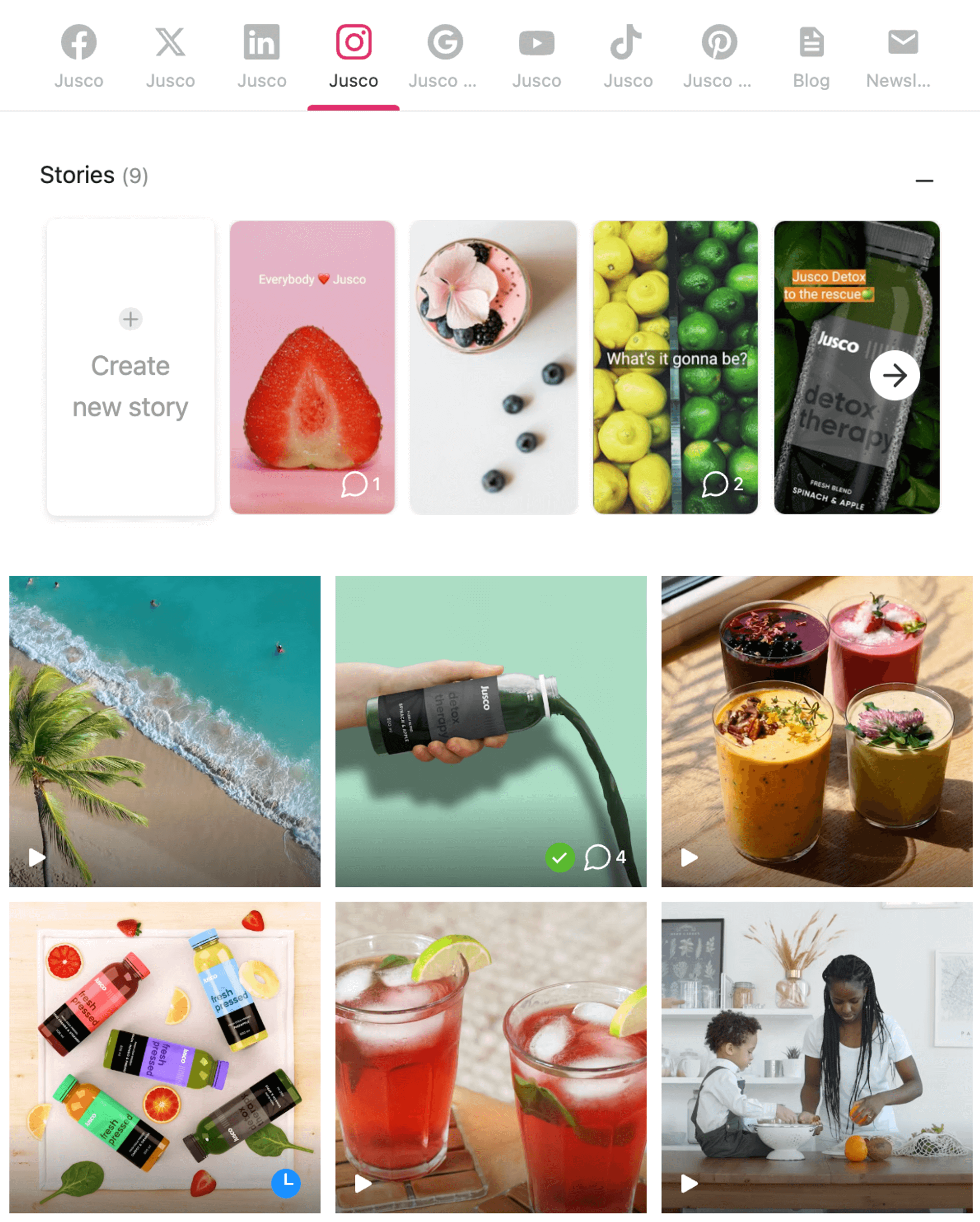 Planable's feed view featuring Jusco's Instagram stories and posts about juice products, smoothies, and lifestyle images promoting healthy beverages and recipes.