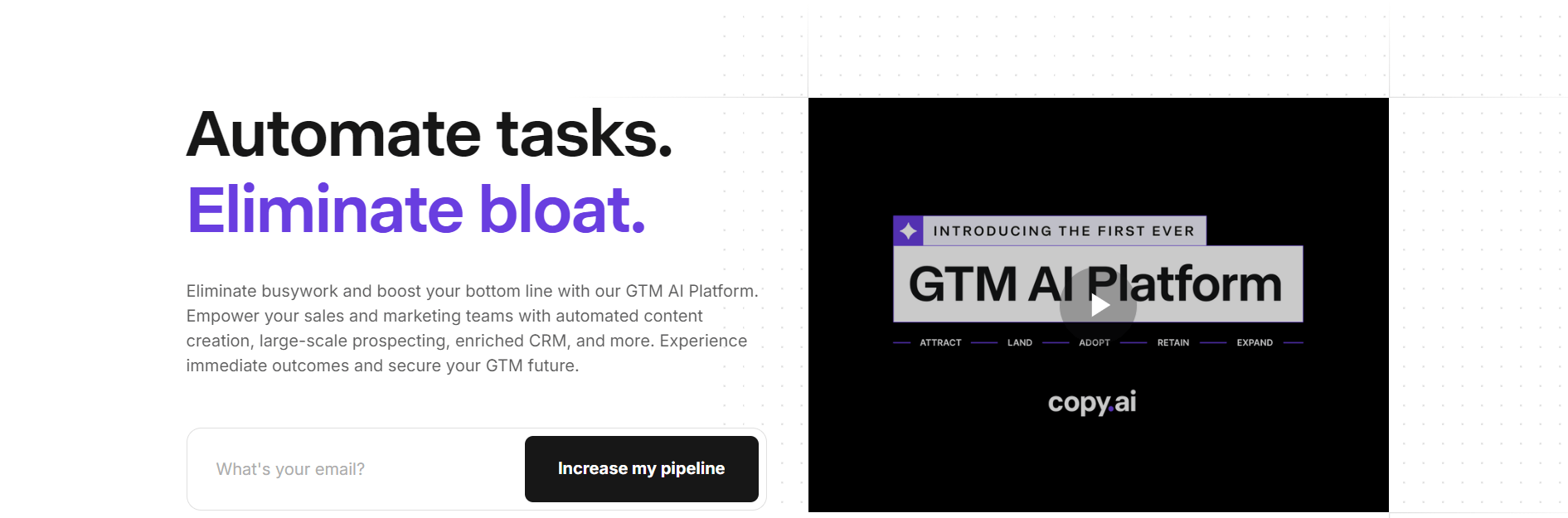 Landing page for copy.ai promoting their GTM AI Platform, highlighting task automation and productivity boosts for sales and marketing teams.