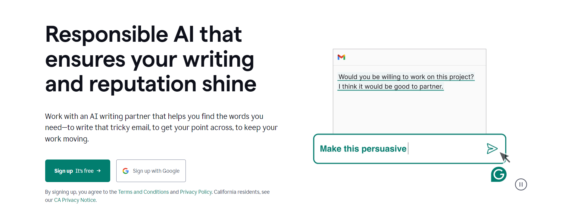 Grammarly's landing page focused on helping users improve writing and communication, featuring a demo of transforming text into a more persuasive format.