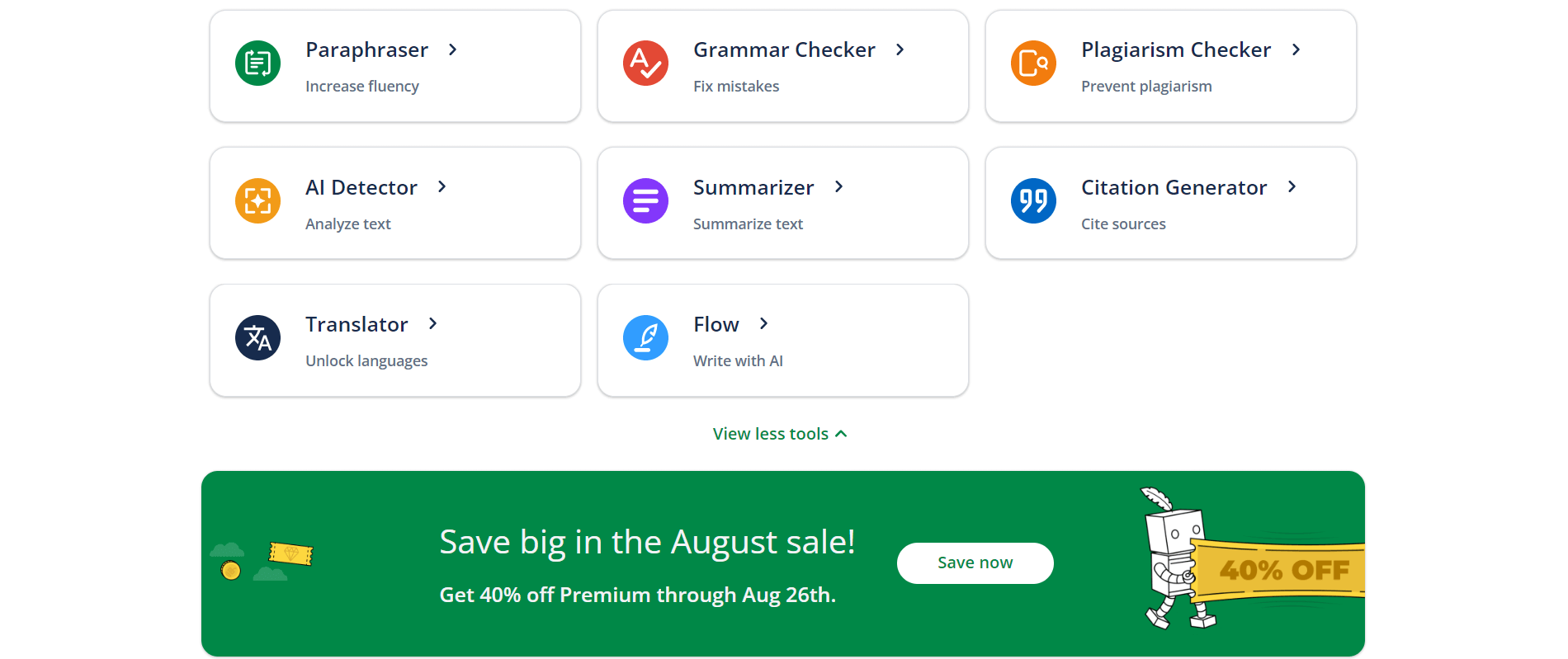 Quillbot's collection of AI writing tools, including Paraphraser, Grammar Checker, and AI Detector, with a 40% off sale banner for Premium.