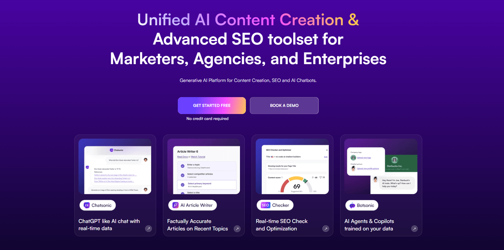 Landing page highlighting an AI content creation and SEO toolset for marketers, agencies, and enterprises, offering free trials and demos.