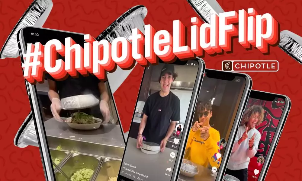 #ChipotleLidFlip challenge promotion featuring people flipping Chipotle bowl lids in videos displayed on smartphones.