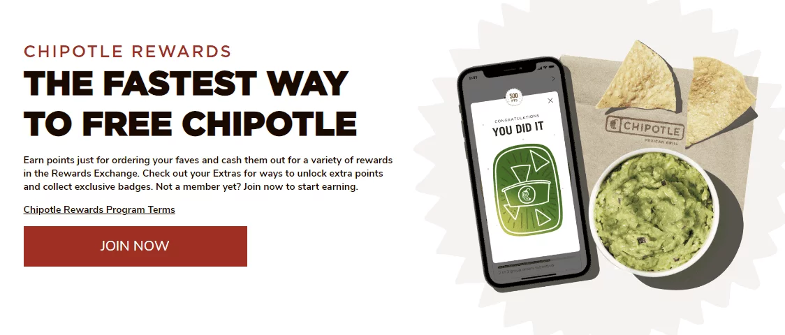 Chipotle Rewards promotion showing a phone with reward points, chips, and guacamole, encouraging users to join for free rewards.