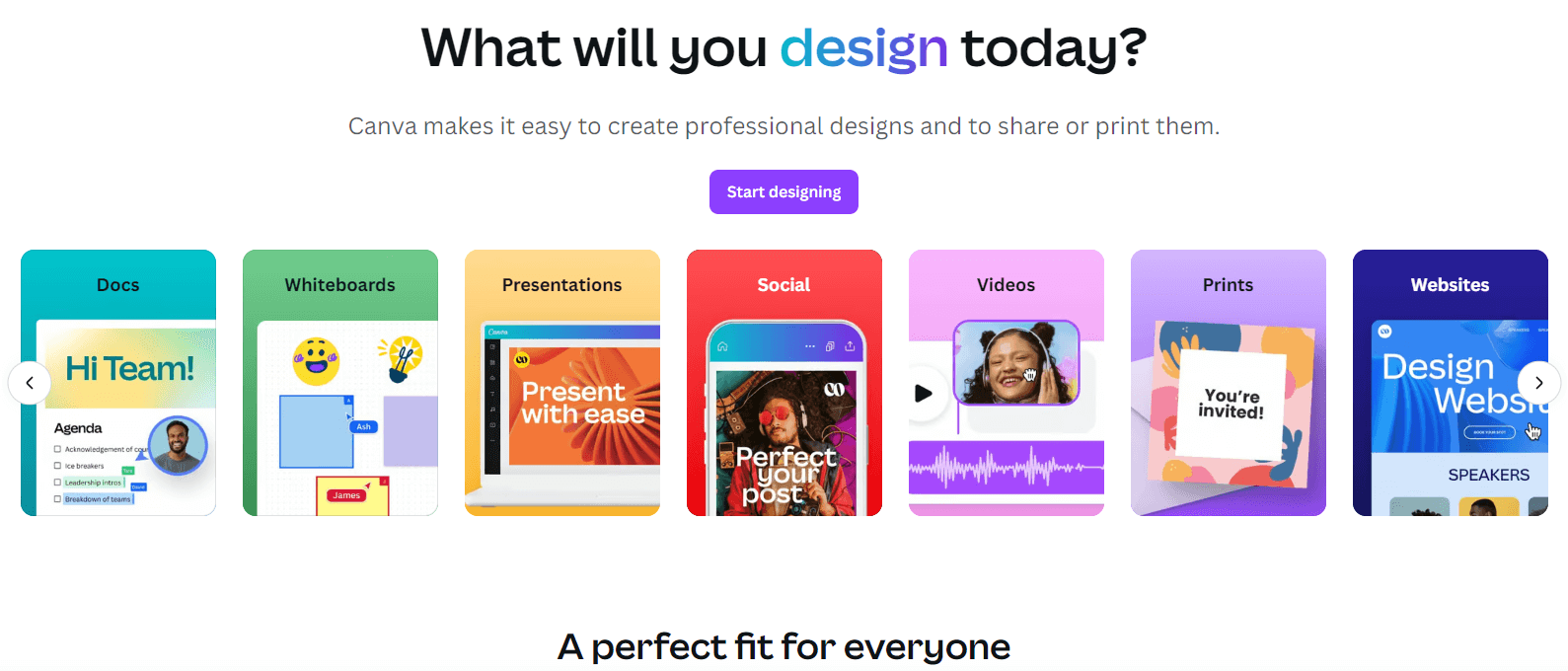 Canva design options including Docs, Whiteboards, Presentations, Social media posts, Videos, Prints, and Websites, with "Start designing" button.