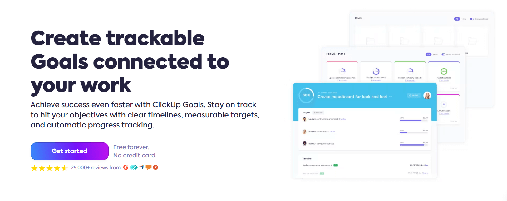 ClickUp Goals dashboard showcasing trackable progress, measurable targets, and timelines to achieve work objectives. "Get started" button included.