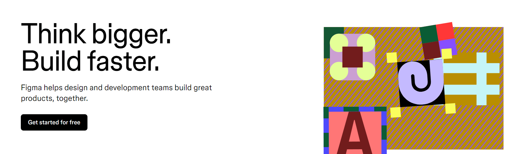 Figma promotion encouraging faster product development for design teams, featuring abstract shapes and a "Get started for free" button.