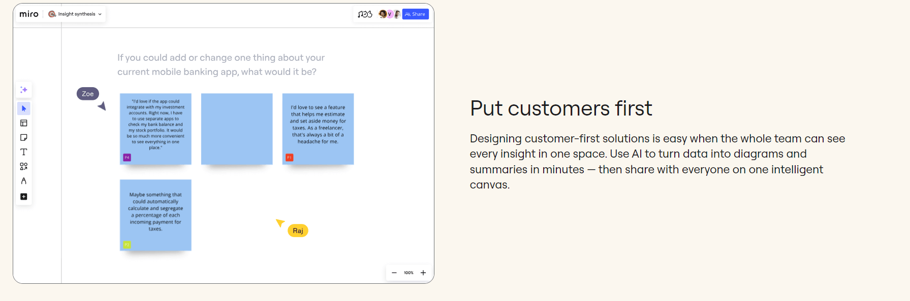 Miro canvas displaying customer feedback on mobile banking apps, promoting AI-powered collaboration to design customer-first solutions.